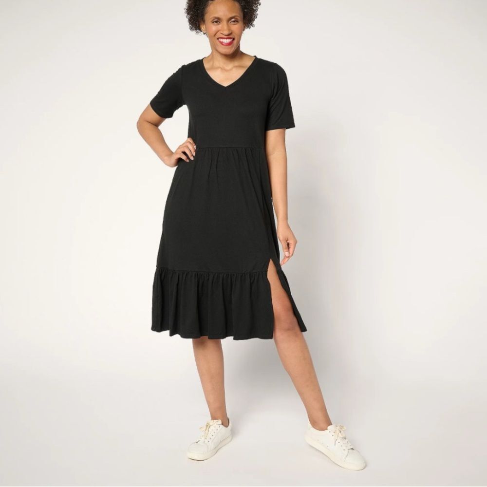 Cuddl Duds Flexwear Tiered V-neck Midi Dress Black Size Medium